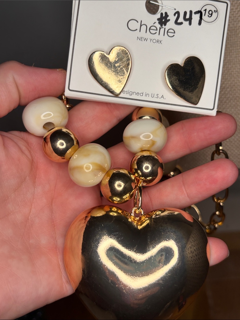 Gold Heart Pendant Necklace and Earrings Set - Gold and Cream